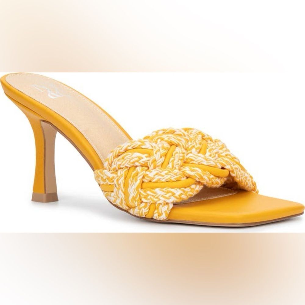 New York & Company Yellow Braided Knot Heeled Slide Sandals